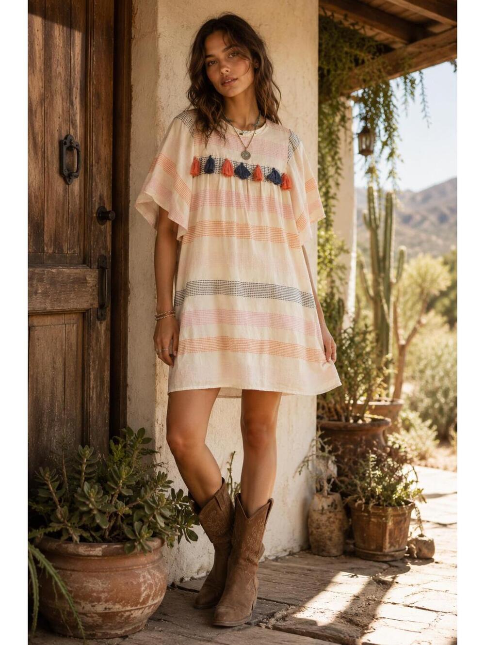 THML Boho Cotton Striped Tassel Flutter Sleeve Shift Mini Dress Cream | Size XS